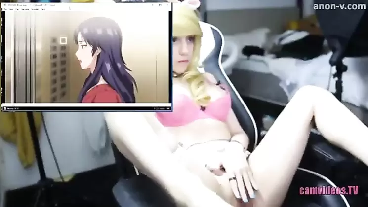 cute teen touches herself while watching anime porn