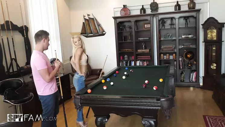 Stepmom plays with stepson's cue stick
