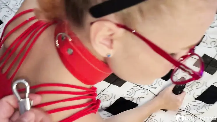 Stunning redhead in stockings moans while masturbating