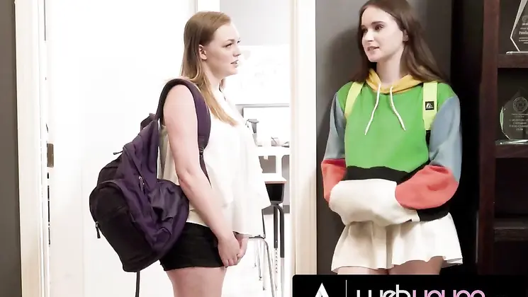 WEB YOUNG - Horny 18yo Babe Hazel Moore Eats Her Busty Bestie Samantha Reigns Pussy In their College Classroom