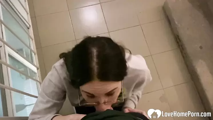 Nerdy babe sucks dick on pa lot