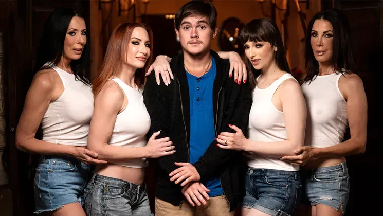 4 MILF stepmoms fuck stepson together