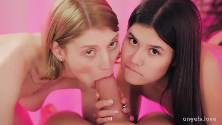 Molly Devon and Evelin Elle take turns getting a hot load on their tiny tits in POV threesome