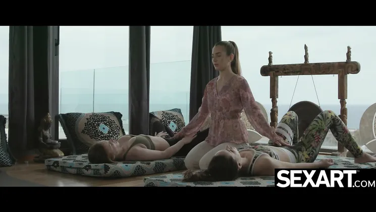 Sexy brunette trio enjoys naked yoga and wild lesbian threesome with Mary Rock, Sata Jones & Marie Berger