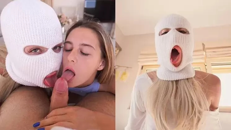 Threesome With Catched Blonde MILF In Mask! Fucked Her With My Gf 4K