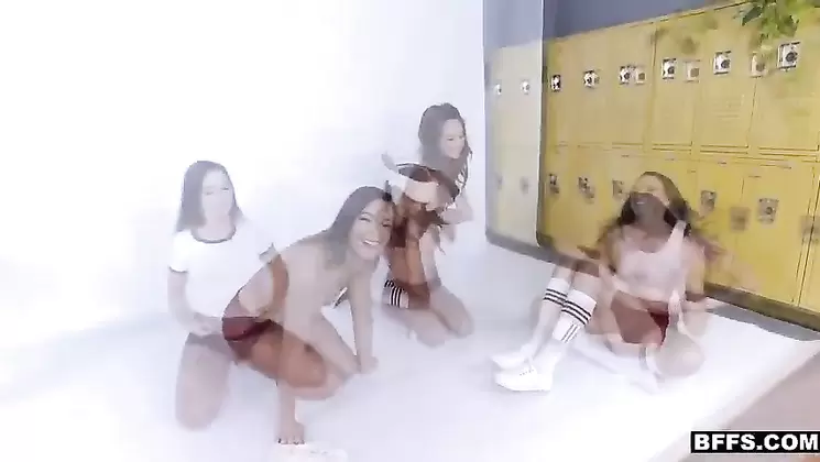 three besties take turns on a stiff cock